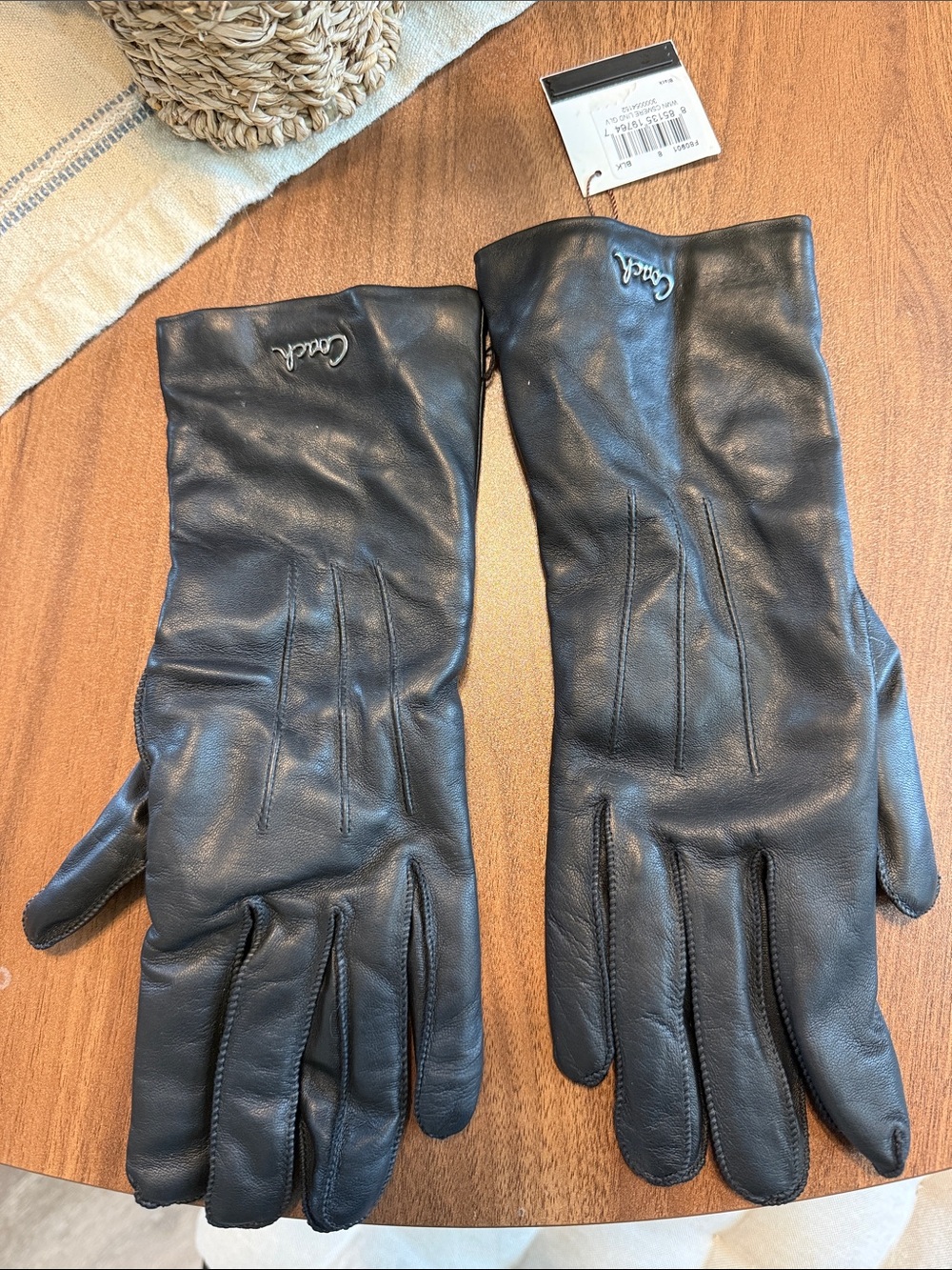 Coach Black Leather Long Gloves with Logo